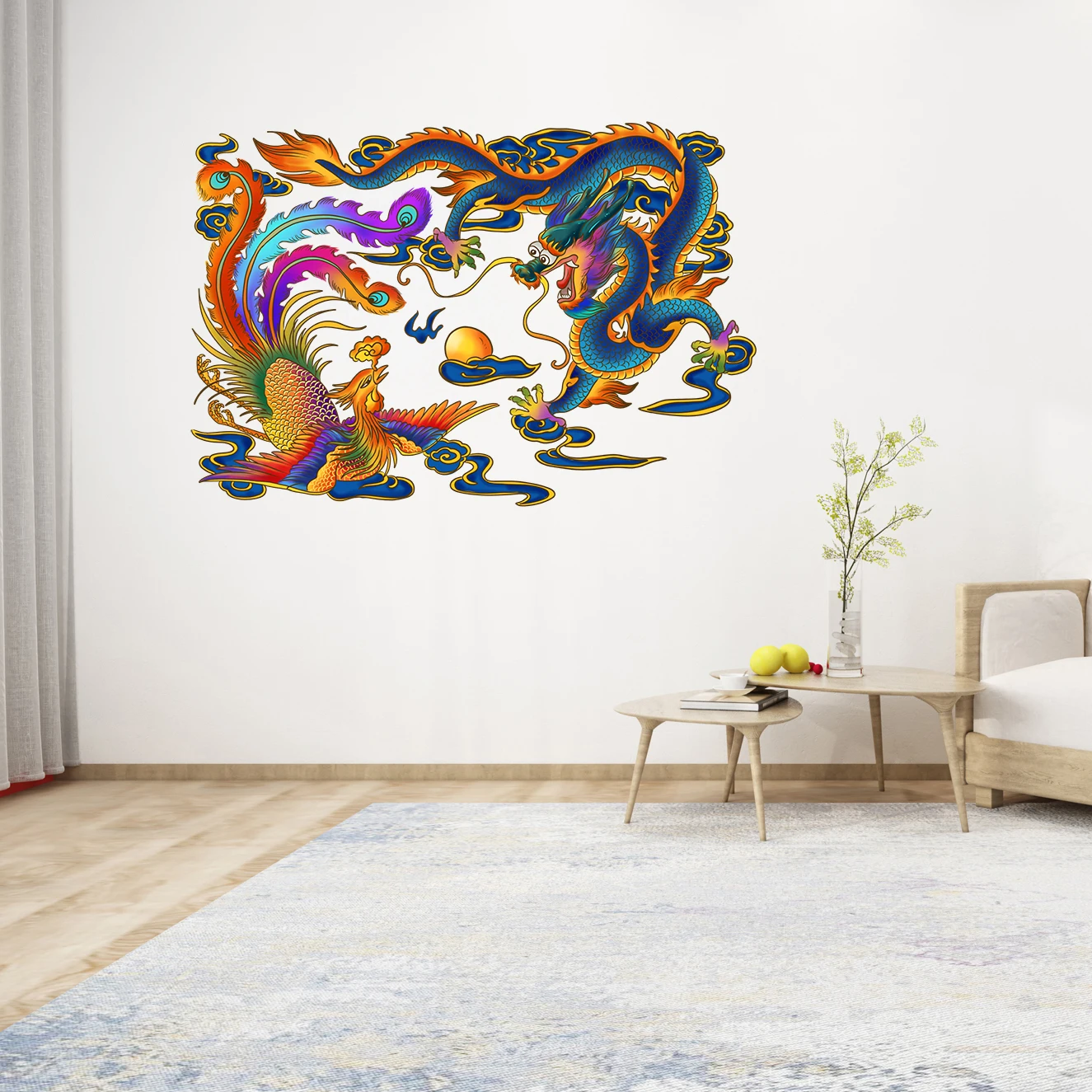 Three Ratels QC535 Traditional classical art  prosperity brought by dragon and phoenix wall sticker art for home decoration