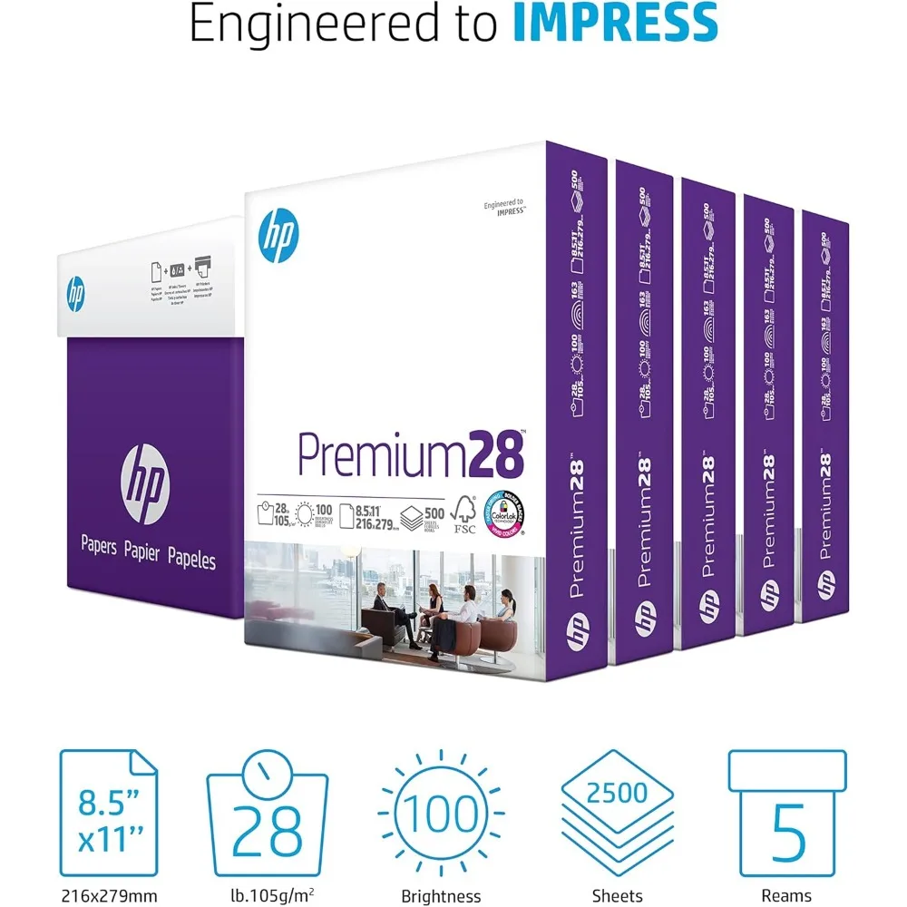 ورق ممتاز 8.5 × 11 28 رطل، 5 حافظة ريم، 2500 ورقة، 100 مشرق، صنع في الولايات المتحدة الأمريكية، معتمد من FSC 205200C