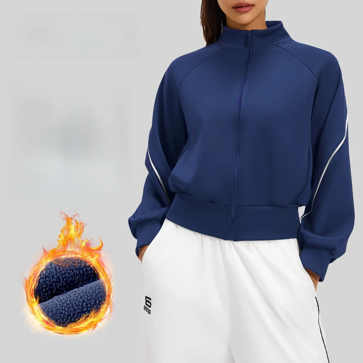 Autumn Winter Contrast Stripe Fleece-Lined Slim Fit Active Jacket with Thermal Insulation Stand Collar for Outdoor Sports