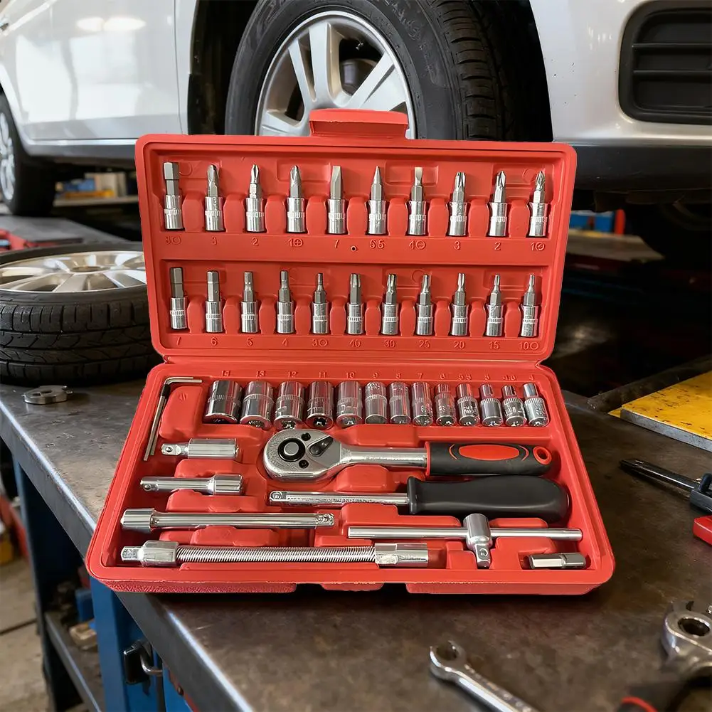

46pc Drive Socket Set 1/4 inch Ratchet Wrench Set with Sockets Metric Hex Bit Socket Set Mechanic Tool Kits for Auto Repair Hous