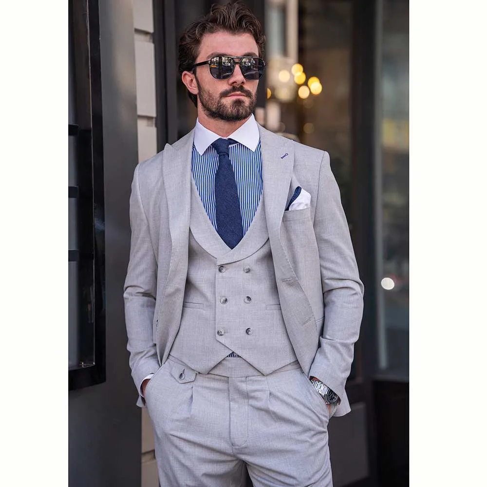 Luxury Light Gray Suits for Men Notch Lapel 2 Piece Jacket Pants Blazer Sets Slim Fit Formal Business Gentleman Male Clothing