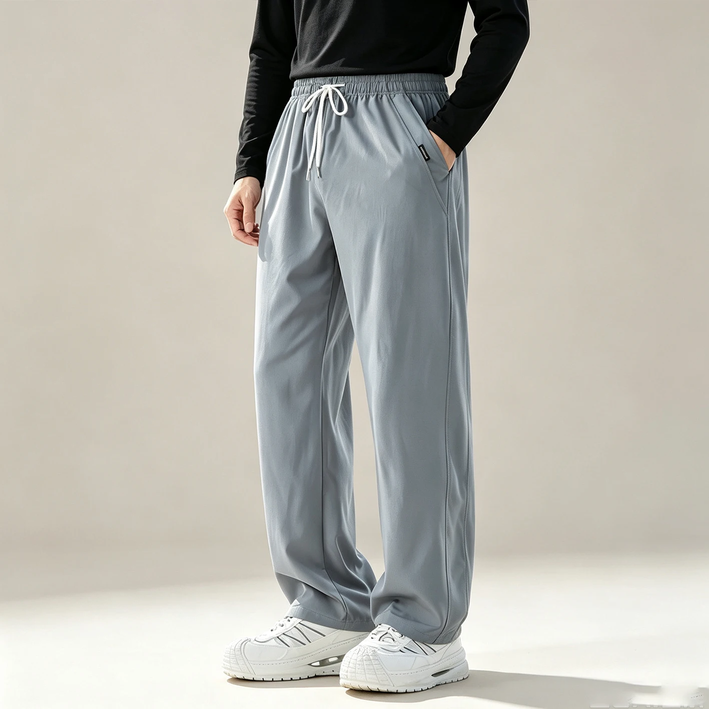 Men's Minimalist Comfortable Athletic Long Pants, Elastic Drawstring Waist Casual Straight Trousers