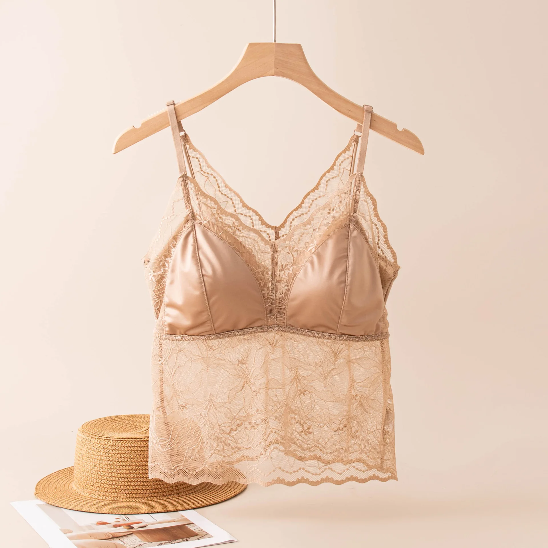 Women's French Lace Camisole Satin Silk Lined Tank Top Breathable Cool Pure Desire Sexy Lingerie Bralette Top
