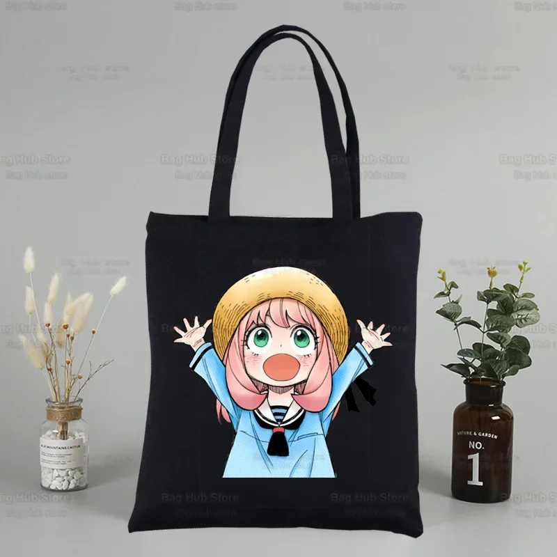 SPYFAMILY Anya Smug Canvas Tote Japanese Anime Spy X Family Black Bags Casual Tote Eco Shopper SpyFamily Shoulder Bags