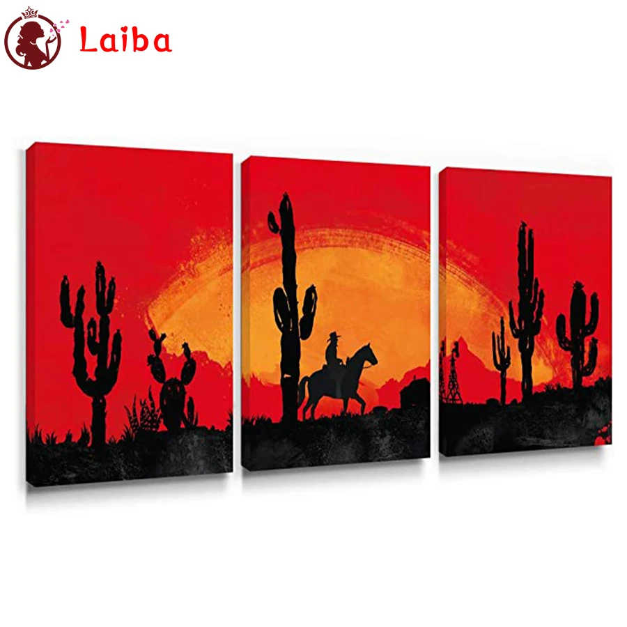 DIY Diamond Painting American Sunset Western Hunter Cactus Diamond Mosaic Full Drill Square round Cross Stitch Handmade Artx3pcs