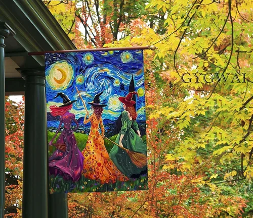Halloween Garden Flag 28X40 Inch Burlap, Starry Night Witch Yard Flag, Double Si EYY IIX SSL