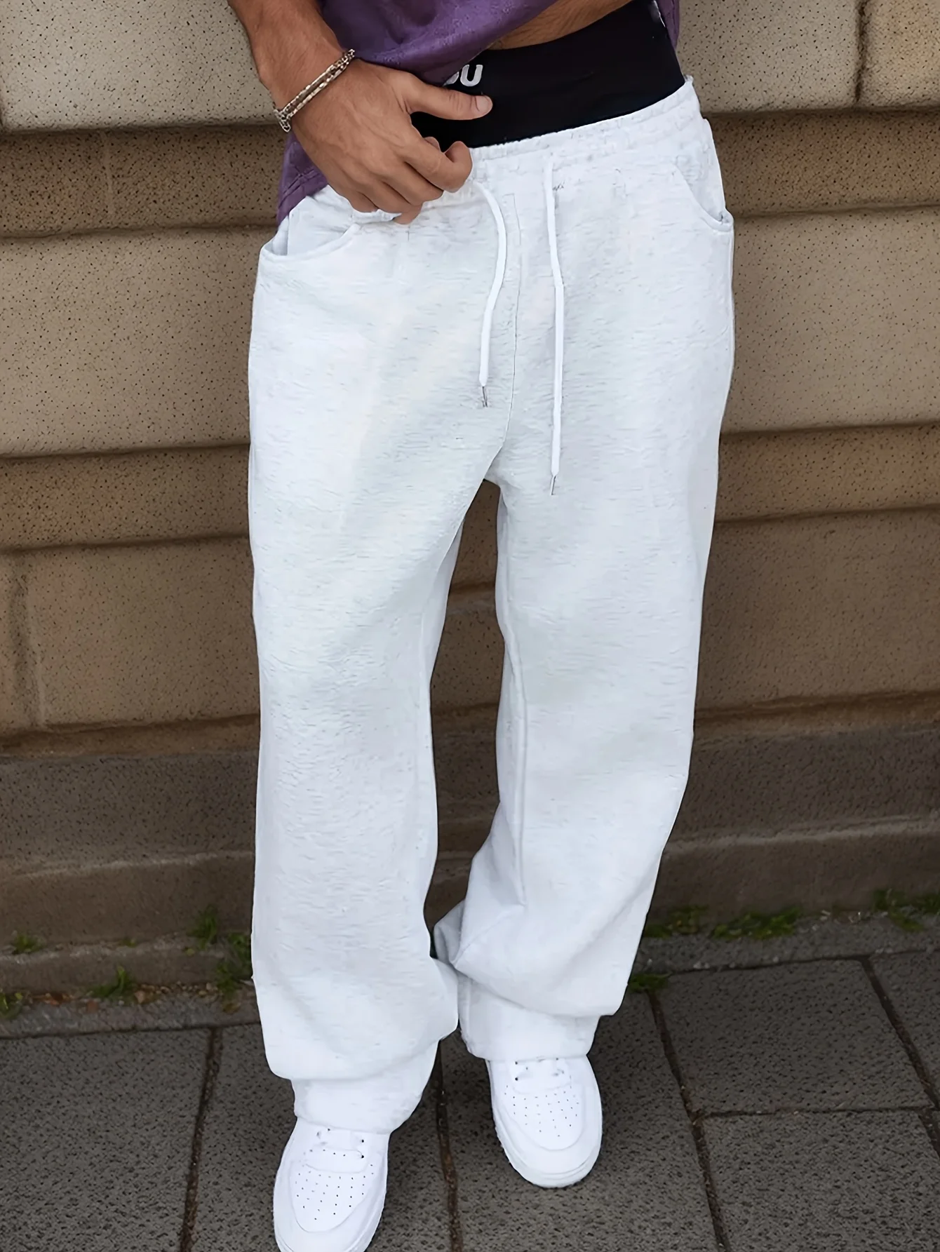 

Men'S Thick Fleece-Lined Straight-Leg Pants Loose Fit Solid Color Casual Style Perfect for Fall/Winter Adjustable Belt Office