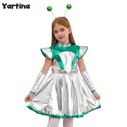 Girls Astronaut Robot Outer Space Cute Carnival Costume Alien Cosplay Outfits Cap Sleeve Tutu Alien Dress with Arm Sleeves