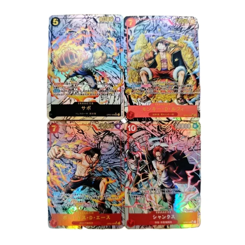 4pcs One Piece Monkey D Luffy Sabo Ace Shanks Self Made Refraction Flash Card Anime Classics Game Collection Card Toy Gift