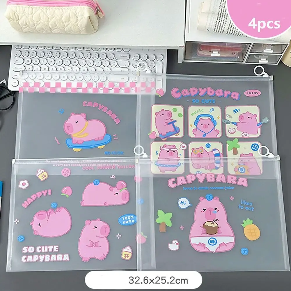 4PCS Large-capacity A4 Capybara Transparent File Bag Waterproof Zipper Students Information Bag Portable Loop Pull