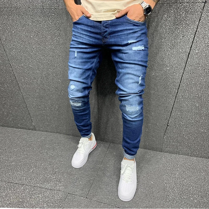2022 New Fashion ripped Men's Jeans Pants Hole Blue Color casual skinny Clothing For Men Trousers
