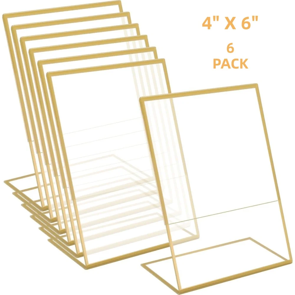 6-Pack 4x6 Gold Picture Frames Clear Frameless Acrylic Self-Standing Photo Frames for Wedding Table Numbers Restaurant Signs Art