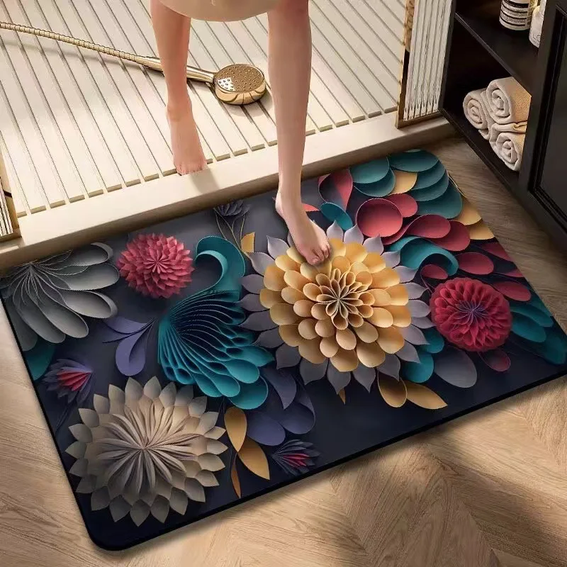 3D Painted Floral Oil Painting Diatomite Floor Mat Anti-slip Anti-fouling Carpet Bathroom Entrance Doormat