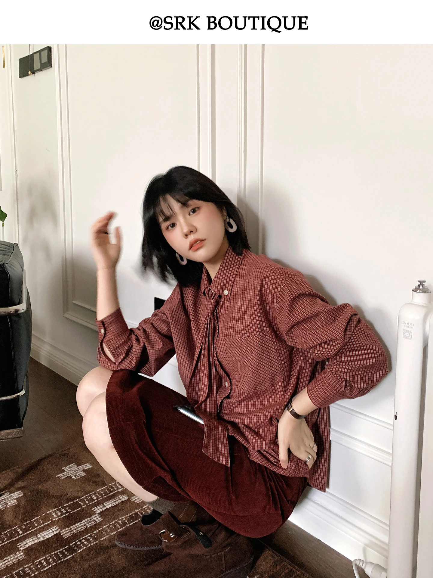 SRK 빈티지 체크무늬 셔츠 디자인 센스 사시 안티에이징 우아한 패션 레이어드 긴팔 탑 여성 캐주얼 루즈핏 코튼 린넨 블렌드