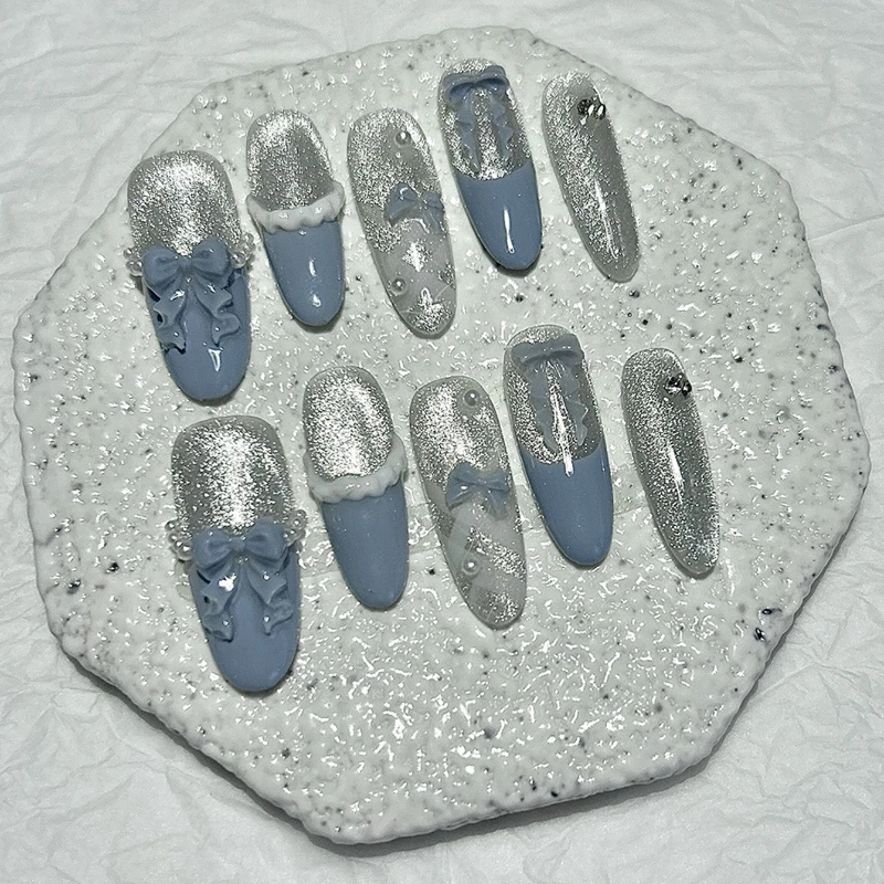 

10 Pieces Sweet Dreamy Fresh Silver Fine Glitter Handmade Press On Nails Girly Pearl Bow French False Nails Removable Reusable