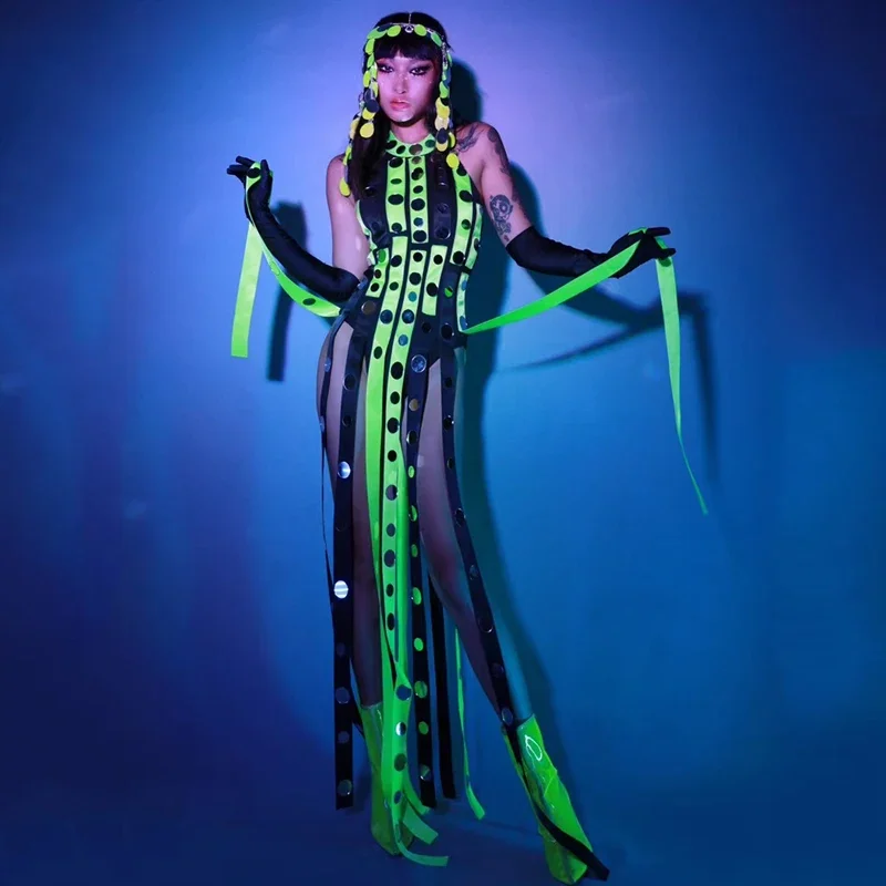 Fluorescent Green Glitter Tassel Dress Nightclub Bar Dj Performance Costumes Female Singer Gogo Dancers Drag Queen Wear DN15922