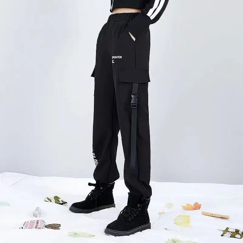 New Women Cargo Pants Ins Harem Pants Fashion Punk Pockets Jogger Trousers Chain Harajuku Elastics High Waist Streetwear Y19