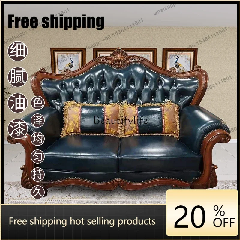 XX European Solid Wood Classical American Hand-carved Villa Living Room Leather Sofa