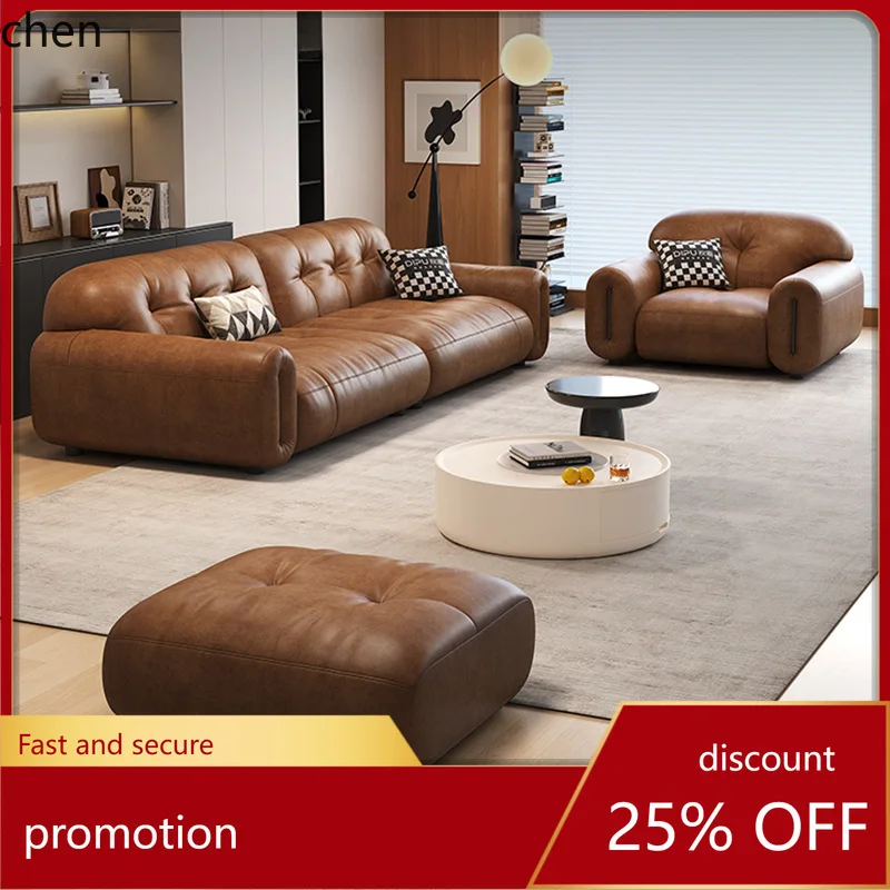 HT Minimalist Retro Style Oil Wax Leather Sofa Double Seater Straight Row Living Room Vintage Style Genuine Leather Sofa