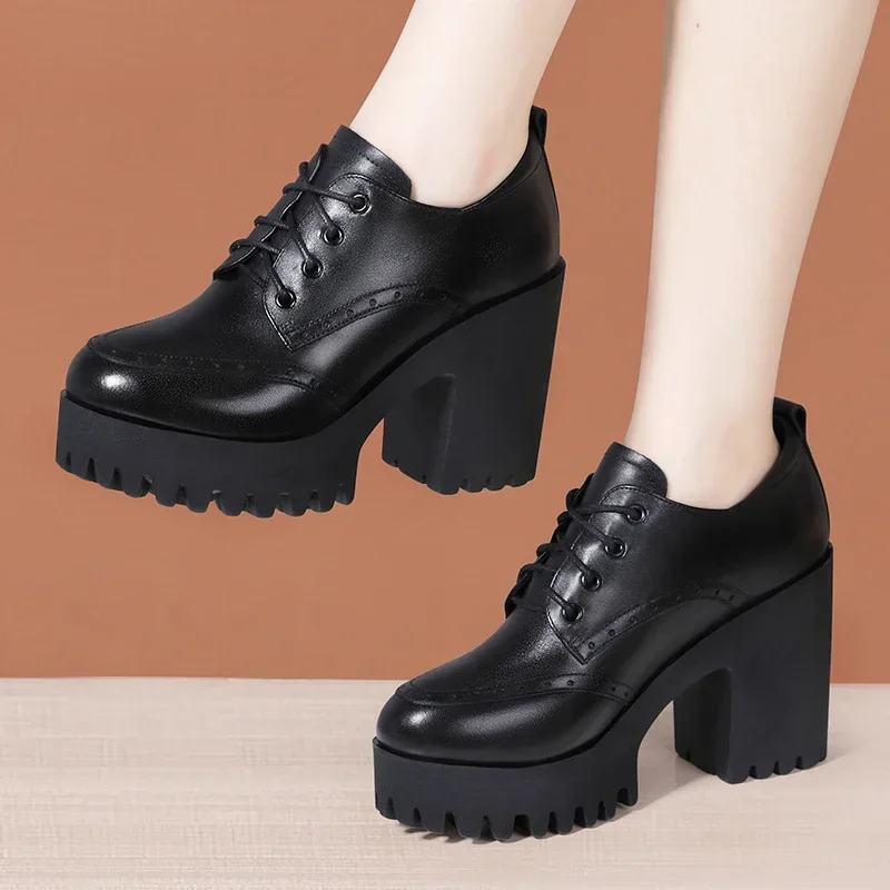 

10cm Small Size 32-43 Brogues Vintage Deep Mouth Platform Pumps 2024 Fall Block High Heels Shoes Women Oxfords Office Model Mom