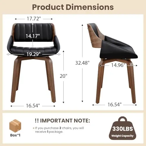 360° Swivel Dining Chairs Set of 2 for Dining Room, Kitchen, Cafe, Black | Mid Century Modern Kitchen Chair with Walnut