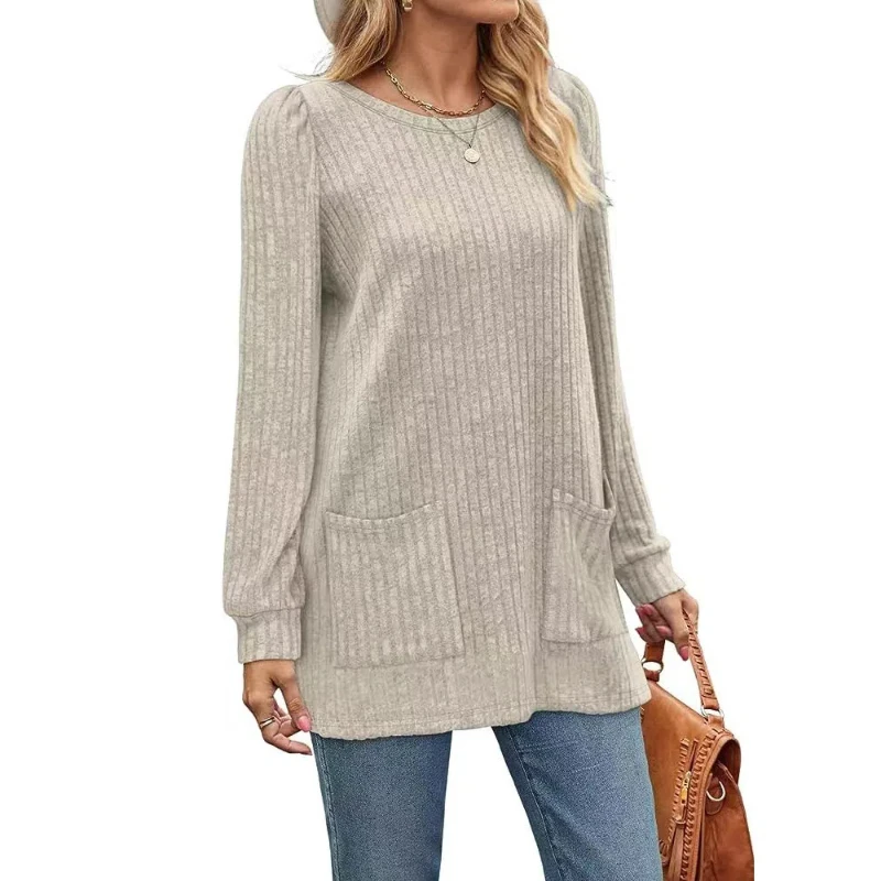 

New Style Pocket Top Loose Casual Puff Sleeve T-shirt for Women