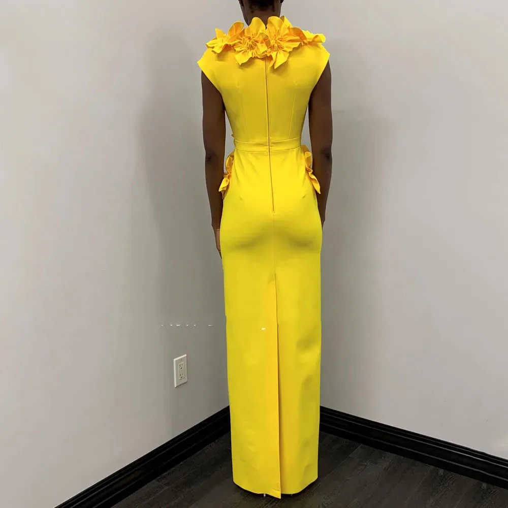 Robe de Rhsirène en pansement de fleurs 3D jaune simple col en V profond 2024 fibre mince longueur au sol DressCL-767 de soirée formelle