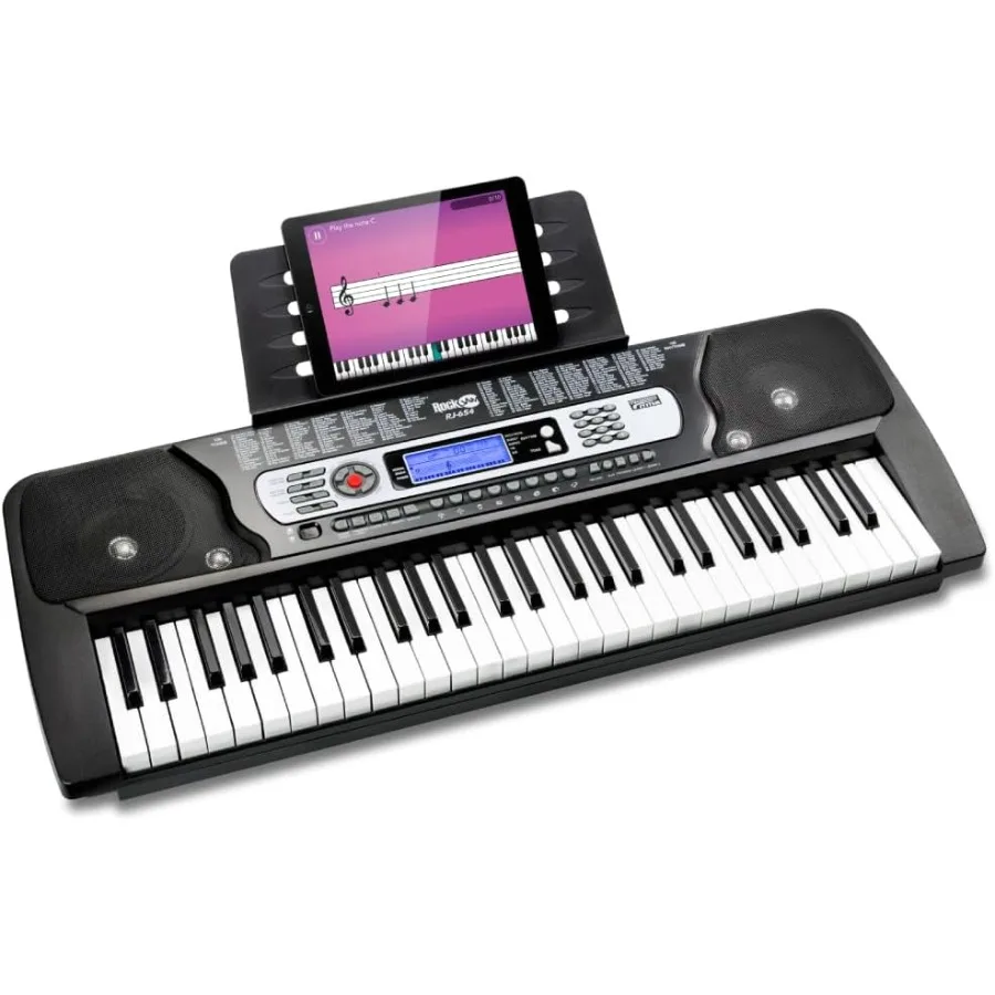 Teclado portátil de 54 teclas con fuente de alimentación integrada, soporte de partituras integrado, pegatinas de notas de Piano y les de aprendizaje interactivo