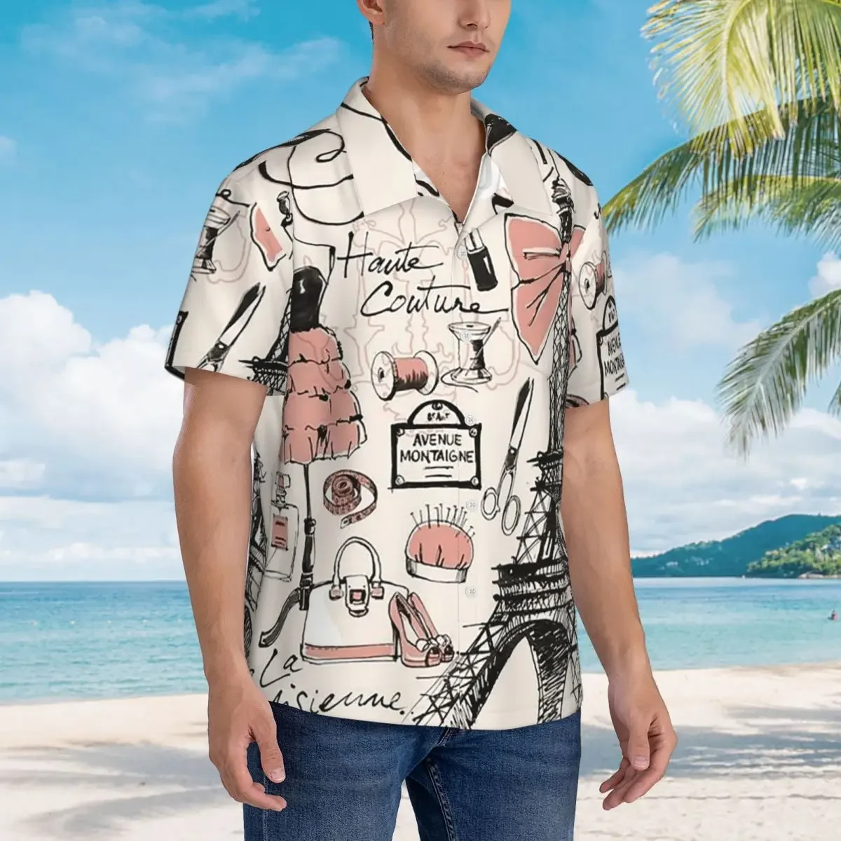 French Paris France Eiffel Tower Hawaiian Shirts Funny Men Short Sleeve Shirt for Summer Beach Men's Button Tops