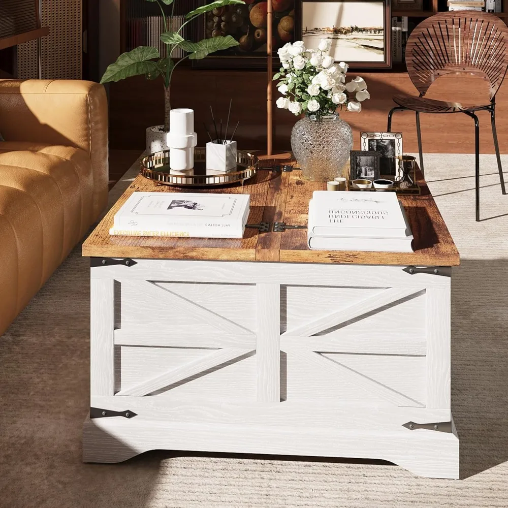 Farmhouse Coffee Table, Coffee Table with Hidden Storage Space, Wood Center Table with Two Hinged Lift Top, Square Rustic Table