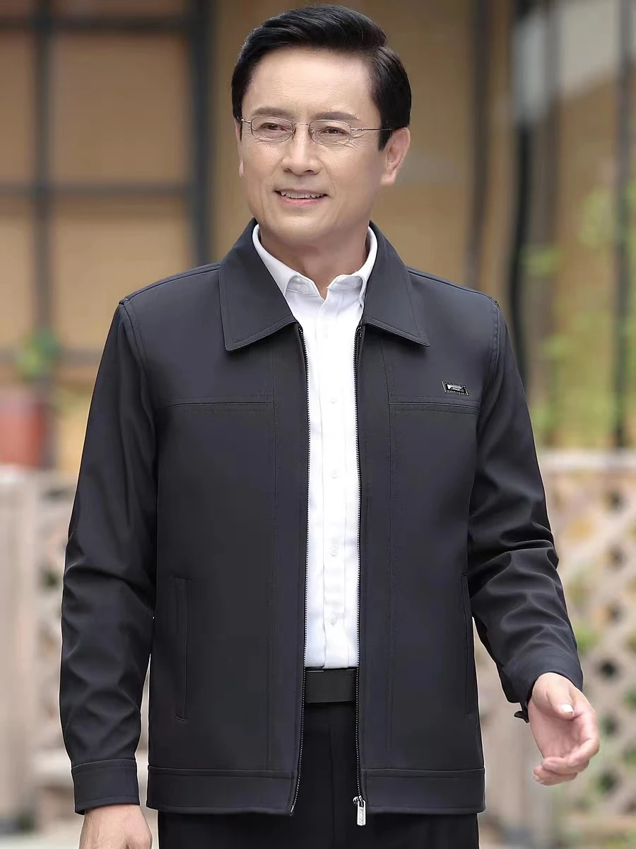 

Spring Autumn Middle-Aged Men's Jaet Casual Outerwear ly Leisure Top andpa Coat Polyester Long Sve Busin Gentl...