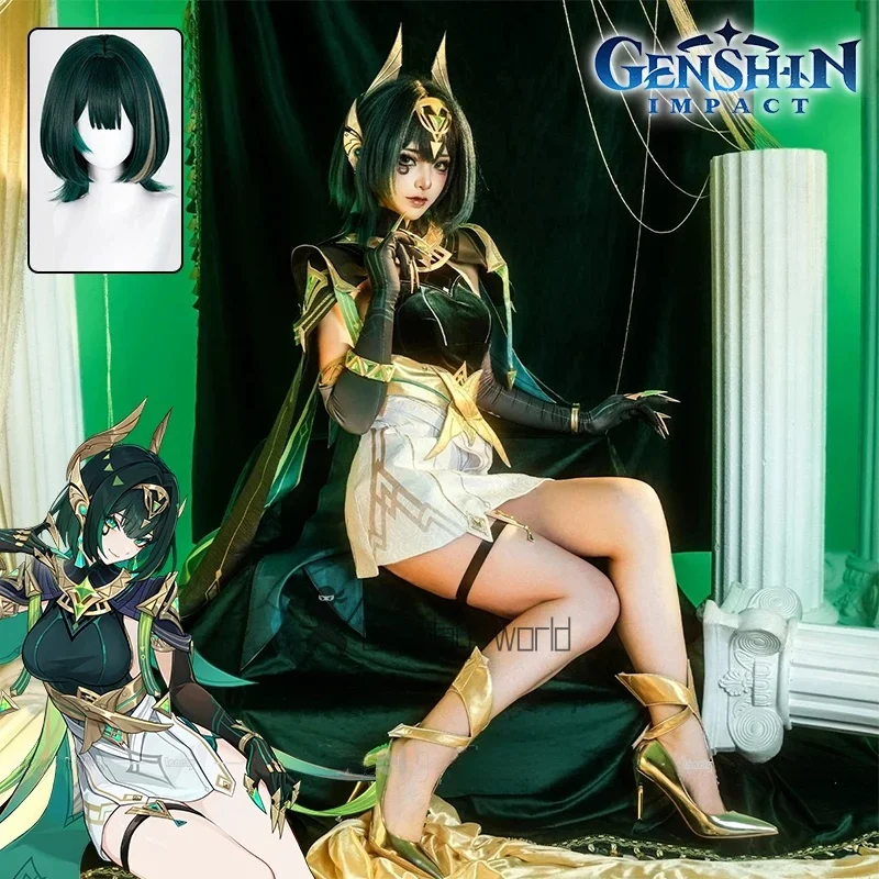 Genshin Impact Nefer Cosplay Costume Wig Green White Dress Skirt Headwear Voynich Guild Nod-Krai Halloween Party For Women Gilrs