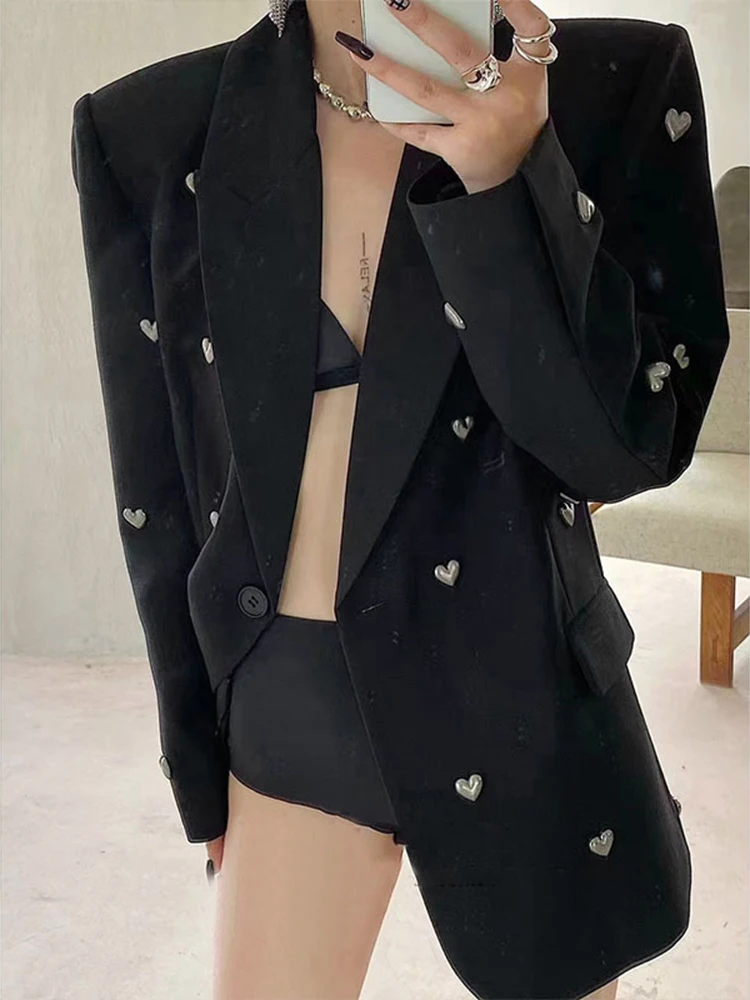 BZVW Elegant Three-dimensional Love Nail Bead Blazer Women's Notched Single Button Contrast Color Casual Coats Fashion 25Z1583