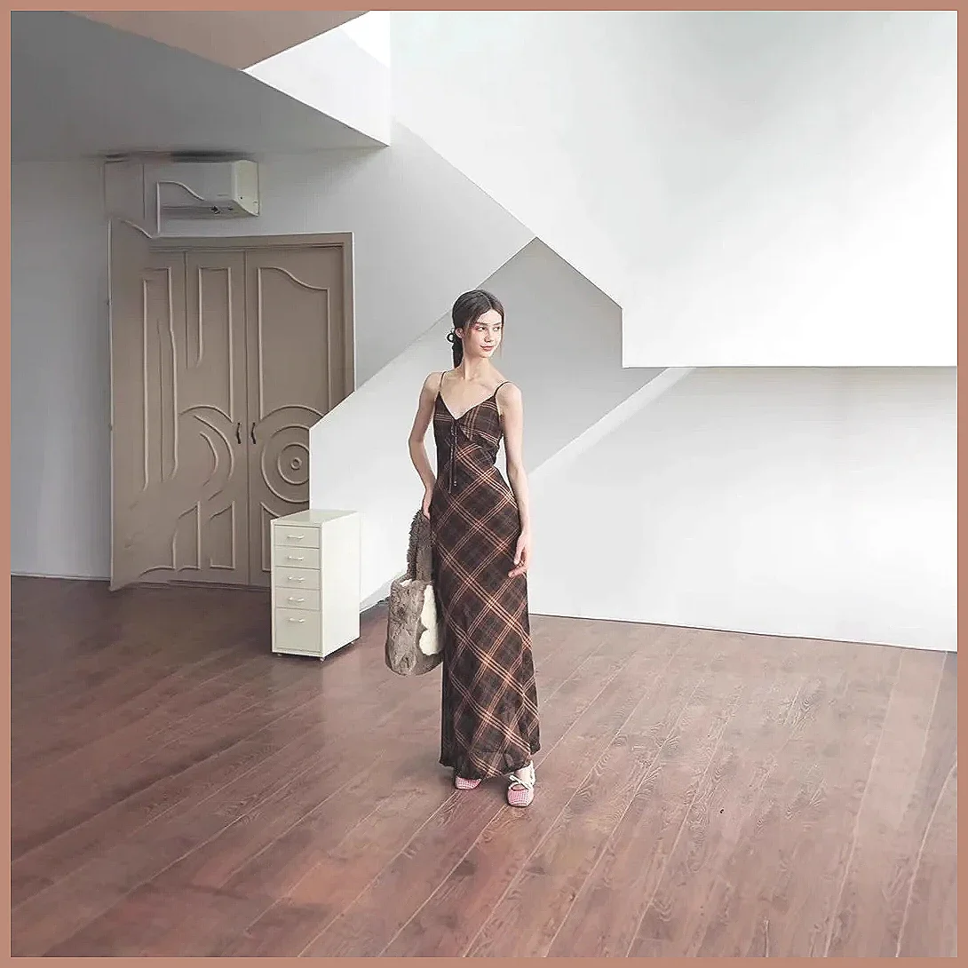 Abito Vintage a Quadri per Donna, Elegante Vestito Lungo Senza Maniche con Scollo a V e Spacco Laterale per Feste Serali (Caratteri: 78)