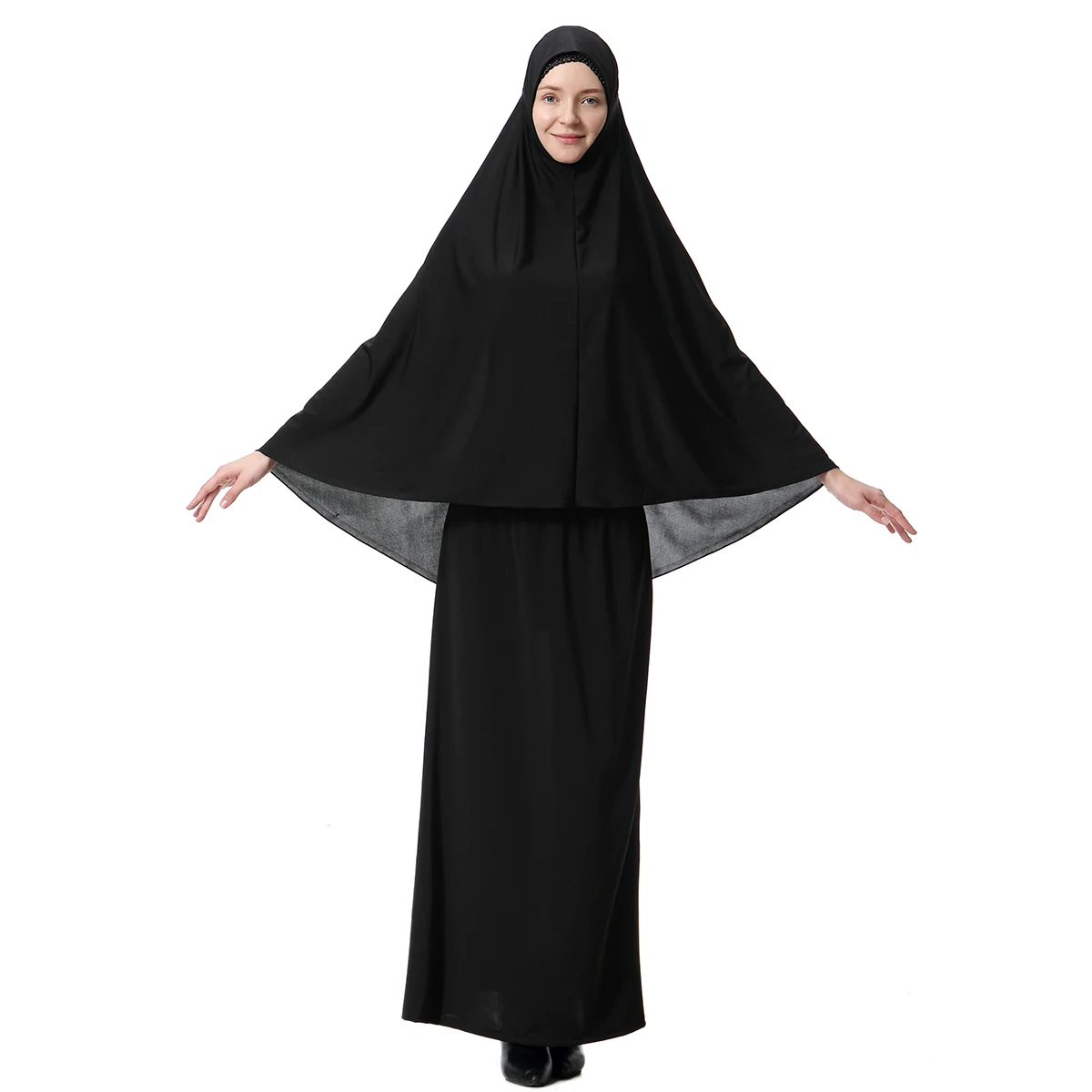 Muslim Women 2 PCS Solid Color Long Hijab Abaya Ankle Length Arab Lady Modest Tube Skirts Prayer Ramadan Eid Clothes