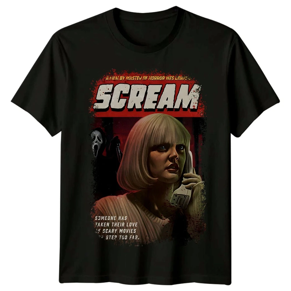 تي شيرت ملهم لملصق فيلم Scream: رعب ريترو 90s نمط ثقيل الوزن من القطن الخالص بطبقة أساسية لجميع المواسم