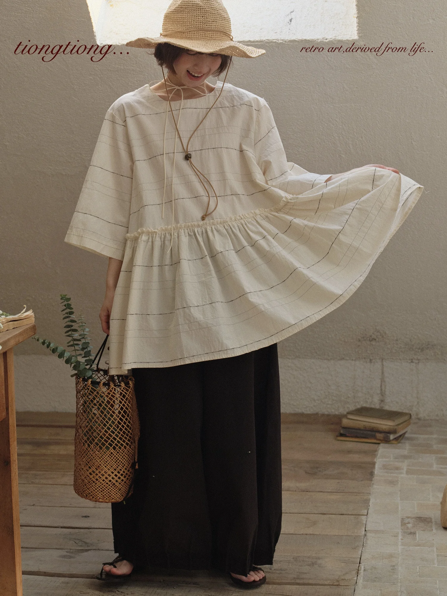 

TONGTIONG Japanese Retro Striped Mid-Sleeve Shirt Women's Spring Summer Loose Slimming Doll Shirt Cotton Blend Top