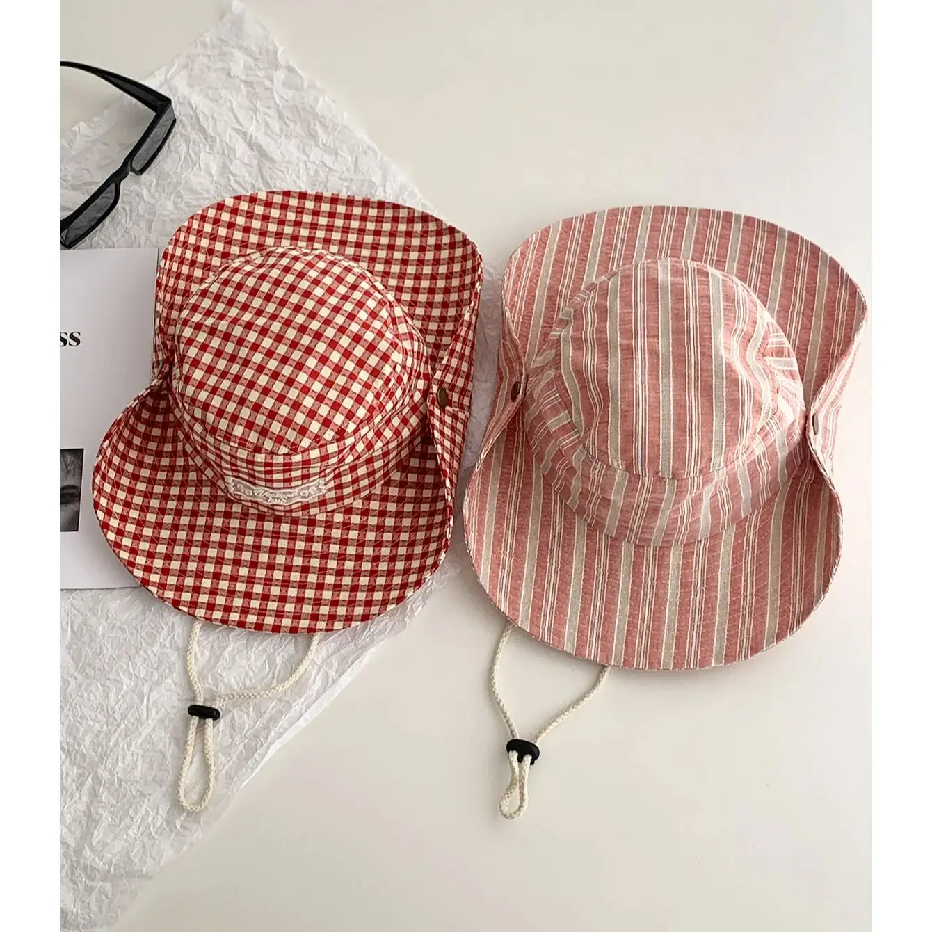 

Stripesd Fisherman Hat Women's Summer New Large Brim Lanyard Sun Hat Outdoor Camping Style Hiking Mountaineering Hat Bucket Hat