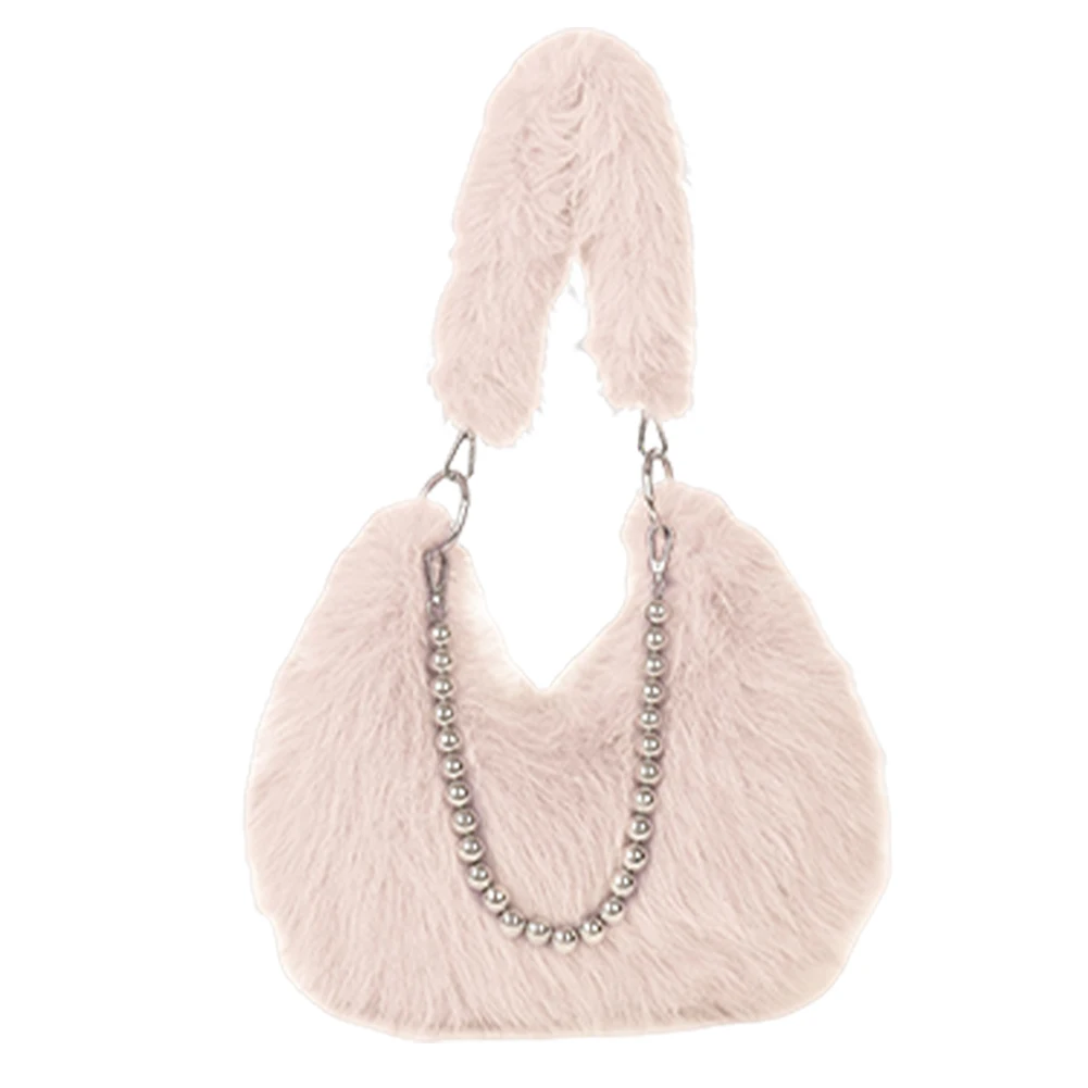 

Women Plush Shoulder Bag with Chain Underarm Bag Fluffy Hobo Bag for Travel Party