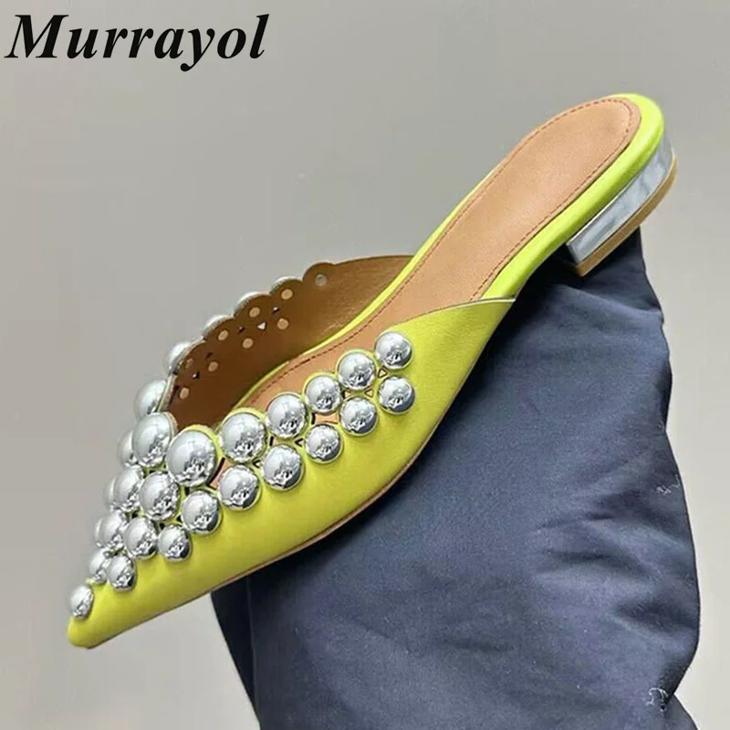 

Pointed Toe Genuine Leather Metal Decor Mules Women's Solid Color Flat Slippers Summer Vacation Beach Shoes Slides Dress Shoes