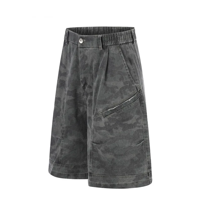 Summer Japanese Retro Amekaji Washed Distressed Grey Camo Cargo Shorts 100% Cotton Unisex Loose Knee Length Casual Shorts Trendy