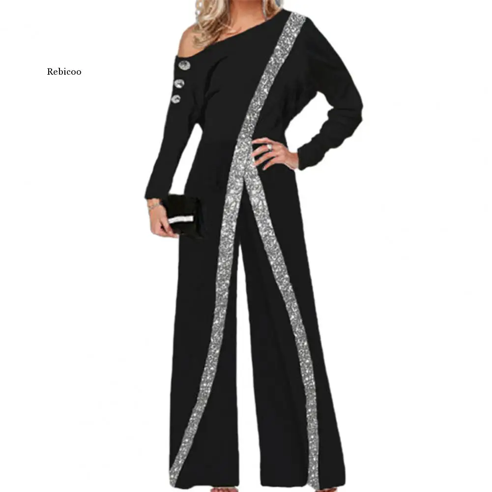 Fashion Women Jumpsuit  Loose Soft Texture Trendy Romper  Decorative Striped Sequin Jumpsuit