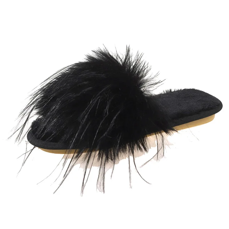 2023 New Autumn Women Slippers Feather Furry Casual Home Shoes Wedding Bride Fashion Flats Outdoor Beach Slides Female Footwear