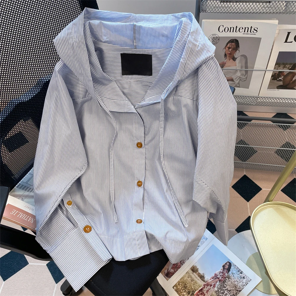Полосатая рубашка с капюшоном на шнурке, женская осенняя корейская шикарная уникальная свободная посадка, пуловер с длинными рукавами, повседневная верхняя одежда, женский топ