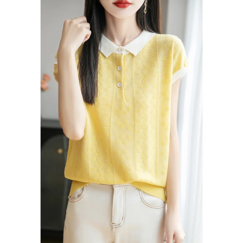 Women'S Fine Wool Lapel Collar Short Sleeve Top Contrast Collar Trim Half Button Placket Exquisite Lace Jacquard Delicate Patter