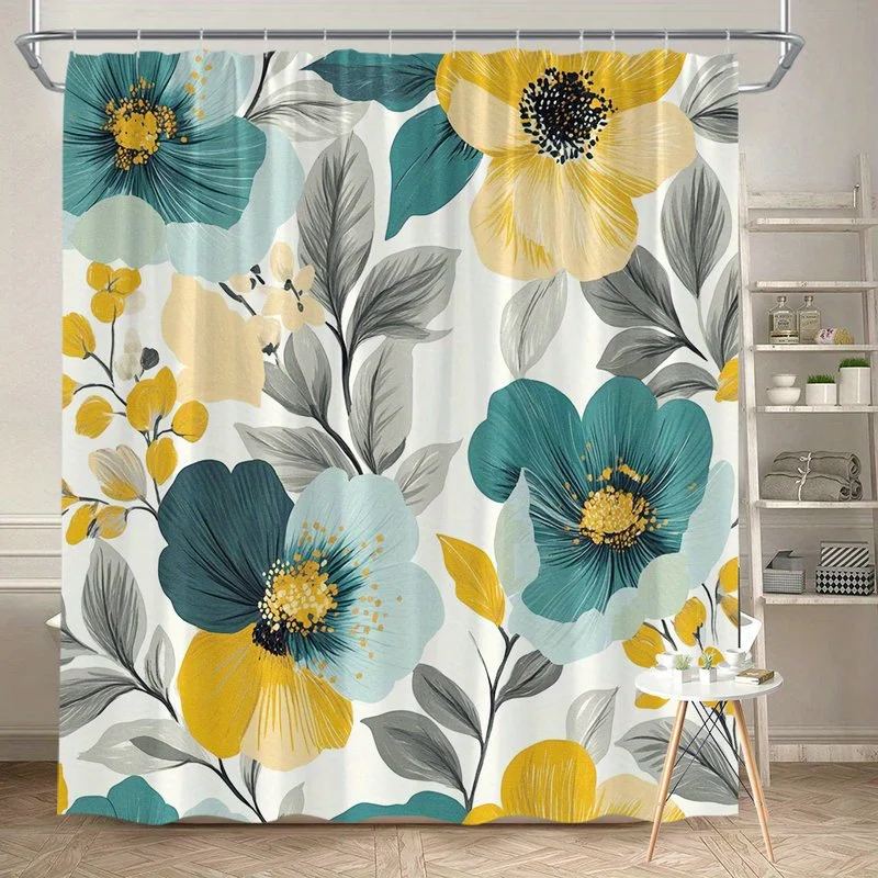 

1 шт., синяя и желтая занавеска для душа с цветочным узором и крючками, полиэфирная ткань, которую можно стирать в машине, подходит для украшения ванной комнаты