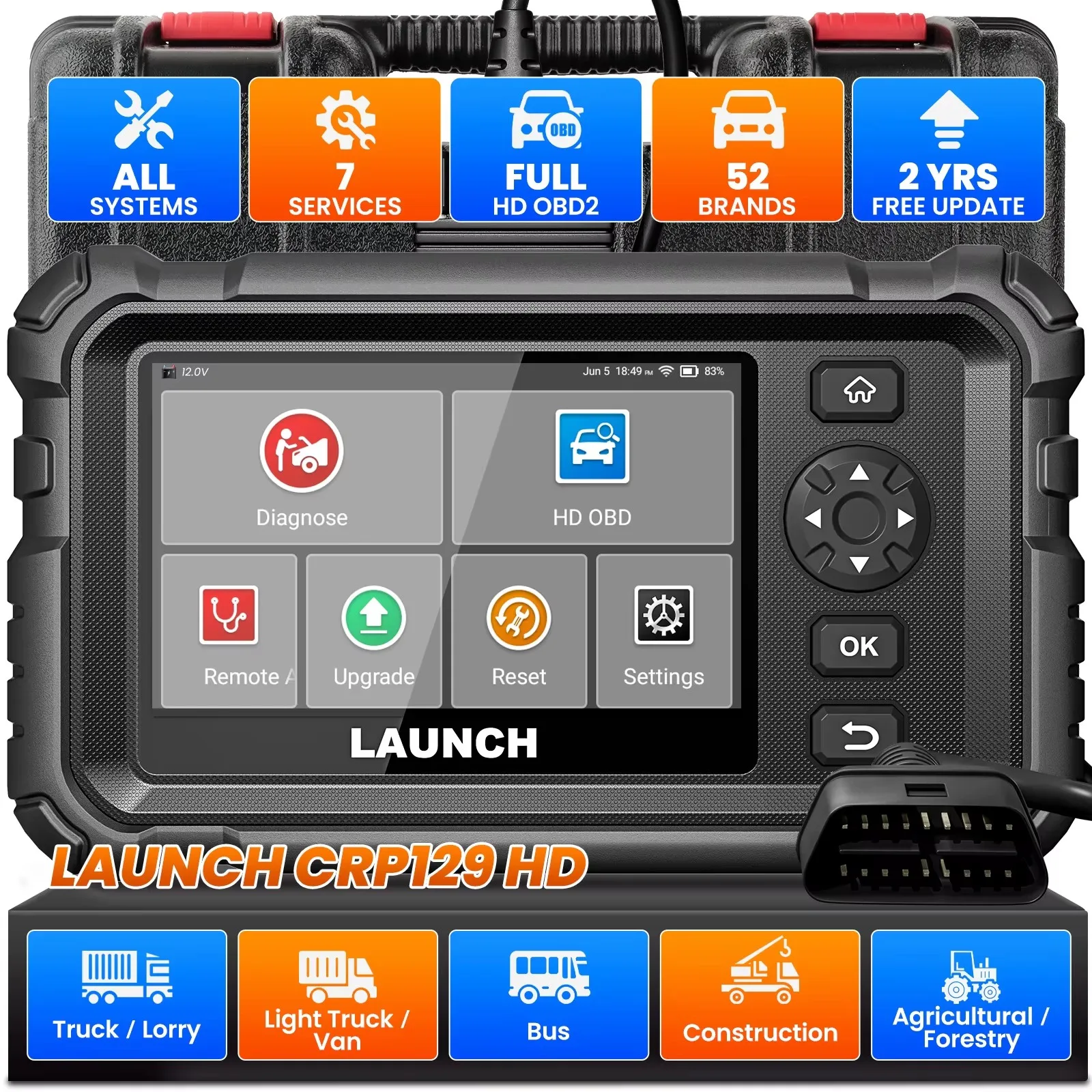 

Сканер LAUNCH CRP129 HD OBD2 для тяжелых грузовиков, все системы диагностики DPF Выдержка масла 7 сброс дизельного двигателя, сканер для Cummins Детройта