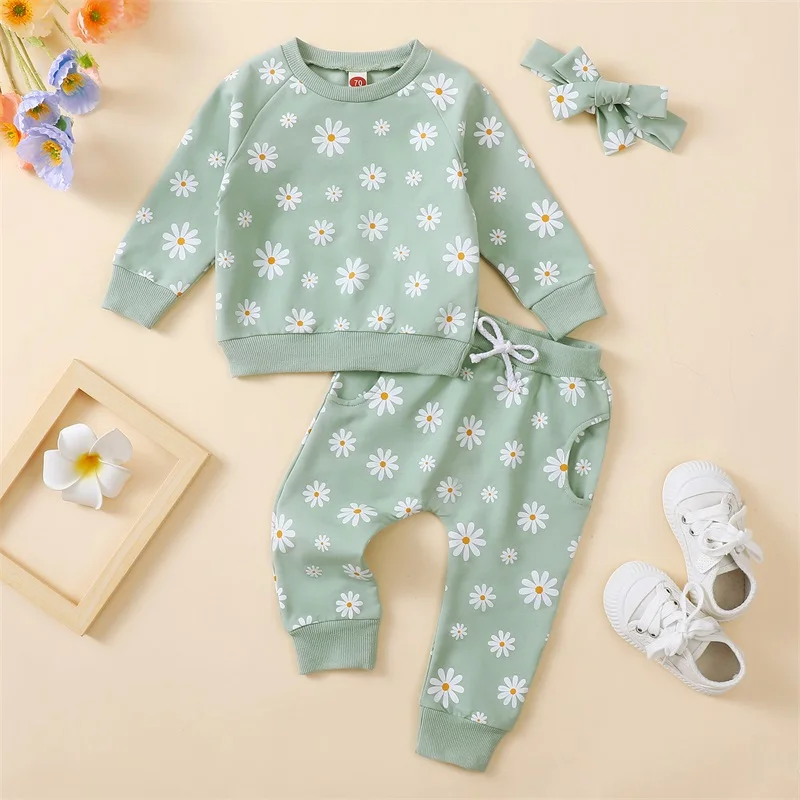 3M-3Y Toddler Girls Fall Daisy All-over Print Set Long Sleeve Round Neck Sweatshirt + Pocket Long Pants +Headband 3Piece Outfits