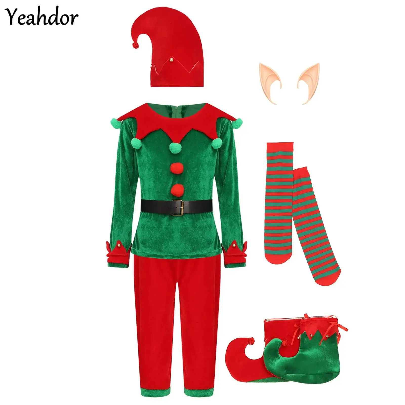 الأولاد عيد الميلاد سانتا كلوز زي السنة الجديدة الأخضر قزم دعوى مع قميص السراويل قبعة قزم آذان حزام جوارب هالوين فستان بتصميم حالم حتى #1