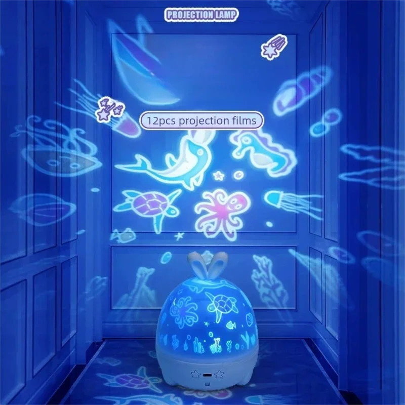 10 Films Rotating Projector Night Light with Music Box, Cute Rabbit Ear USB Mood Nightlight for Kids, Christmas Birthday Gifts